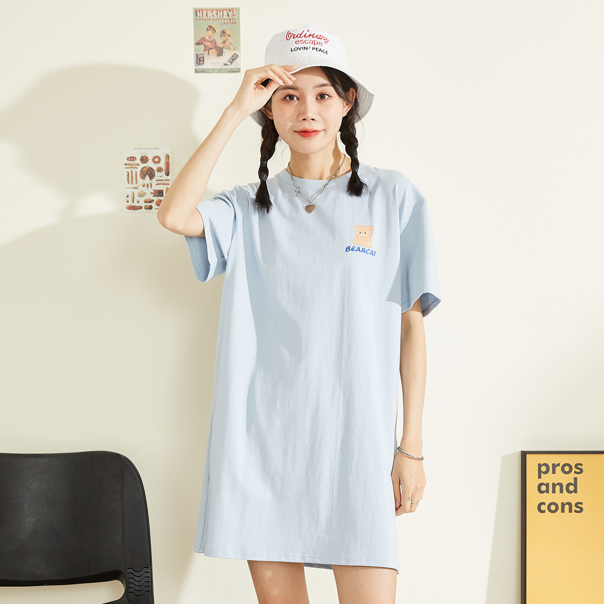 [1.5折价57元]唐狮夏季连衣裙女可爱发泡印花短袖T恤长裙休闲服潮