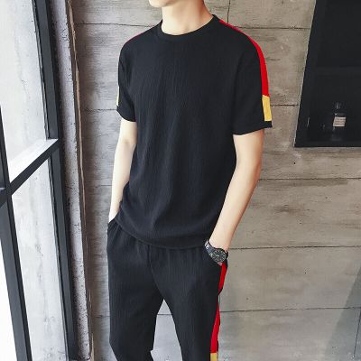 梵克公牛T恤 套装男夏季休闲商务休闲流男士短袖T恤麻夏天男装一套搭配帅气