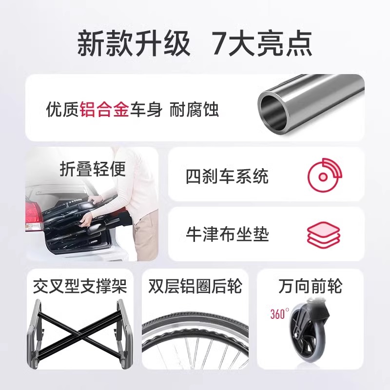 鱼跃轻型轮椅车折叠轻便老人专用多功能残疾人代步手动推车H062C高清大图