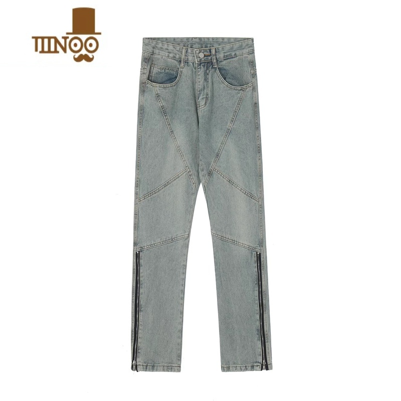 YANXUGTGA美式高街水洗做旧牛仔裤潮牌拉链设计感修身显瘦男女修N拉瘦高清大图