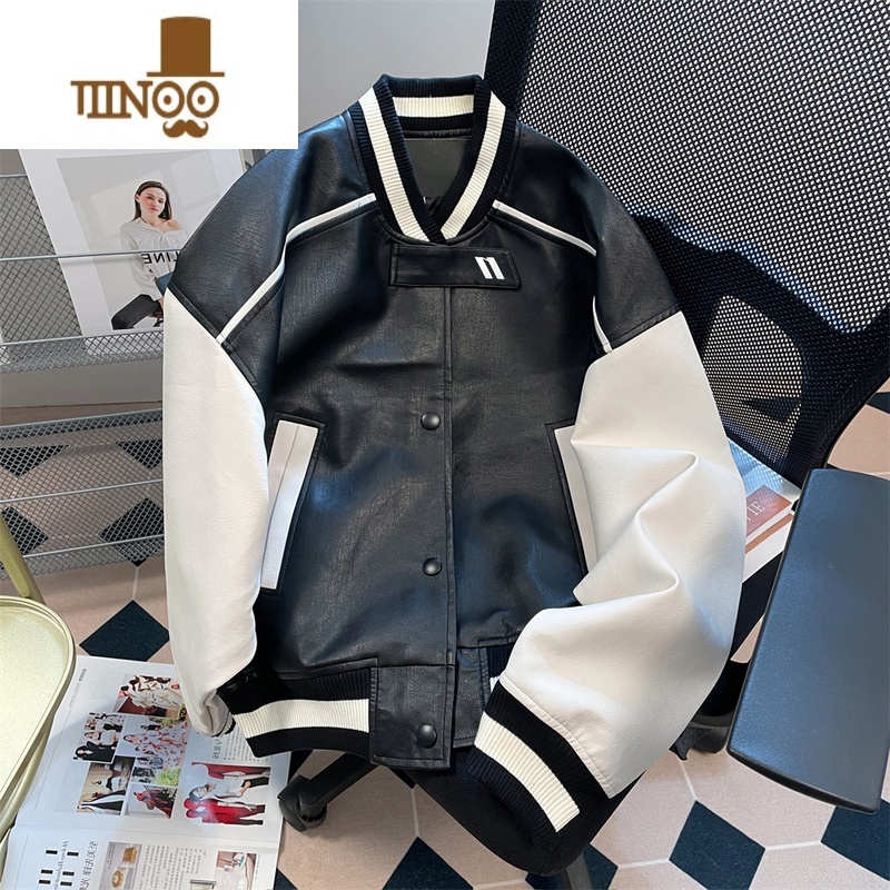 YANXU欧美高街潮牌痞帅pu皮衣撞色外套男女港风美式短款工装棒球服夹克高清大图