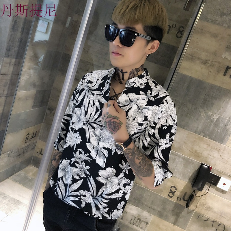 新款碎花短袖衬衫男士五分袖韩版修身夏季精神小伙套头中袖寸衫潮