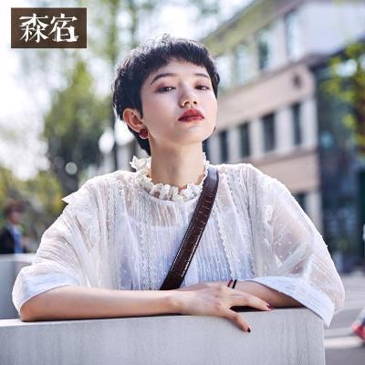 森宿Y白色薄透感上衣夏装2018新款ins木耳边装饰压褶蕾丝衫女J