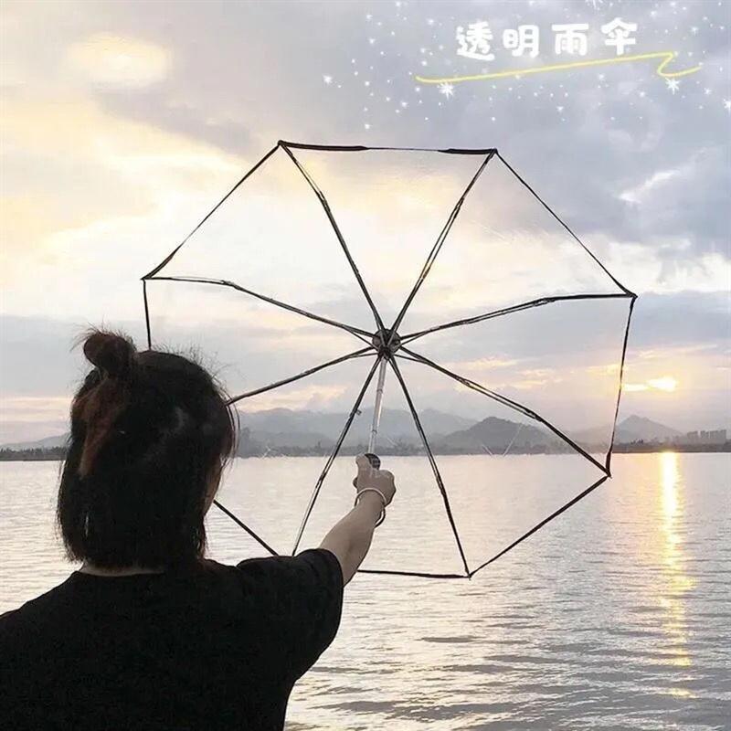 鱼丸 伞韩国透明长柄雨伞折叠ins小清新三折自动自晴雨伞
