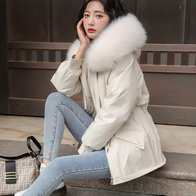 2023年冬装新款可拆卸毛领宽松连帽抽绳加绒加厚派克服显瘦外套女高清大图