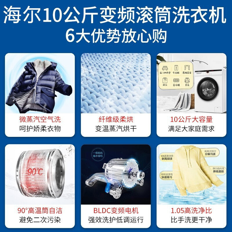 统帅(Leader)海尔出品全自动滚筒洗衣机变频家用10公斤大容量一级能效蒸汽洗烘一体机JQG100-HB11W高清大图