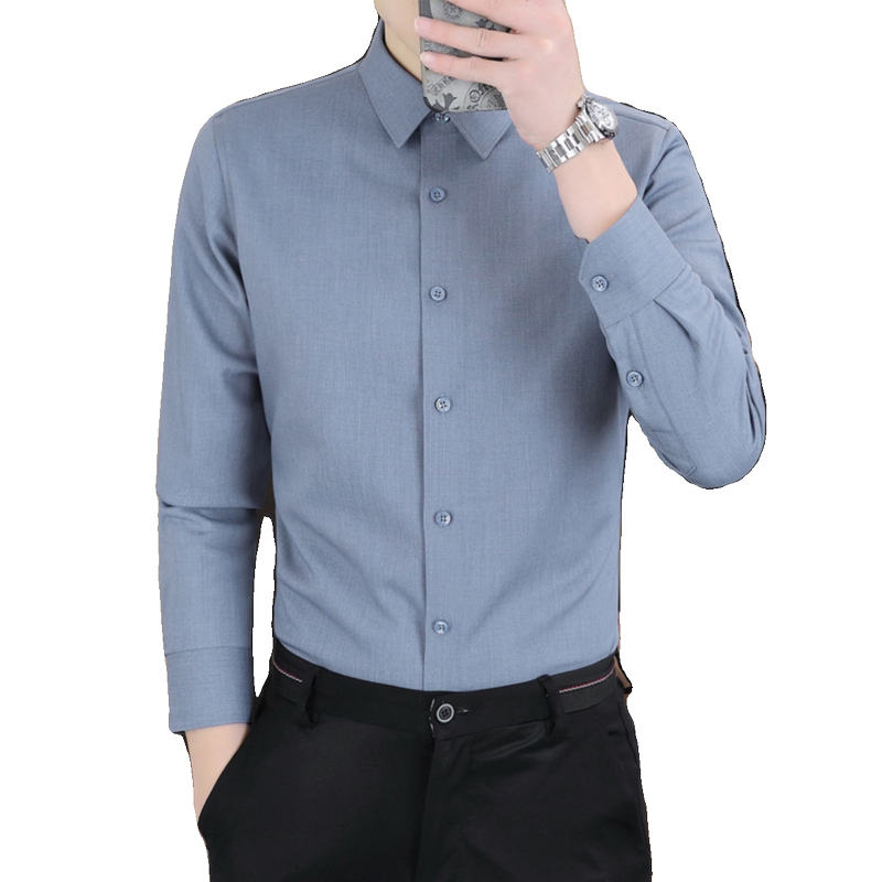 啄木鸟冬季一体绒衬衫男士长袖商务休闲弹力纯色加绒加厚保暖衬衣高清大图