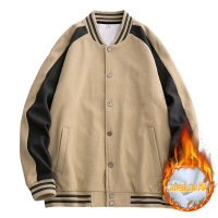 秋冬加绒棒球服男韩版潮流潮立领夹克开衫排扣纯色外套定制 M 卡其色