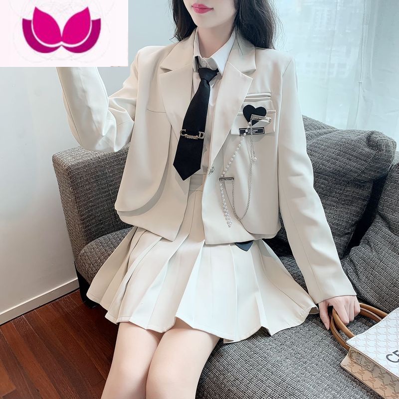 七斓英伦学院风套装女2023春装新款JK制服西装短外套百褶裙炸街2 S 白三件套外套+百褶裙+领带衬衫
