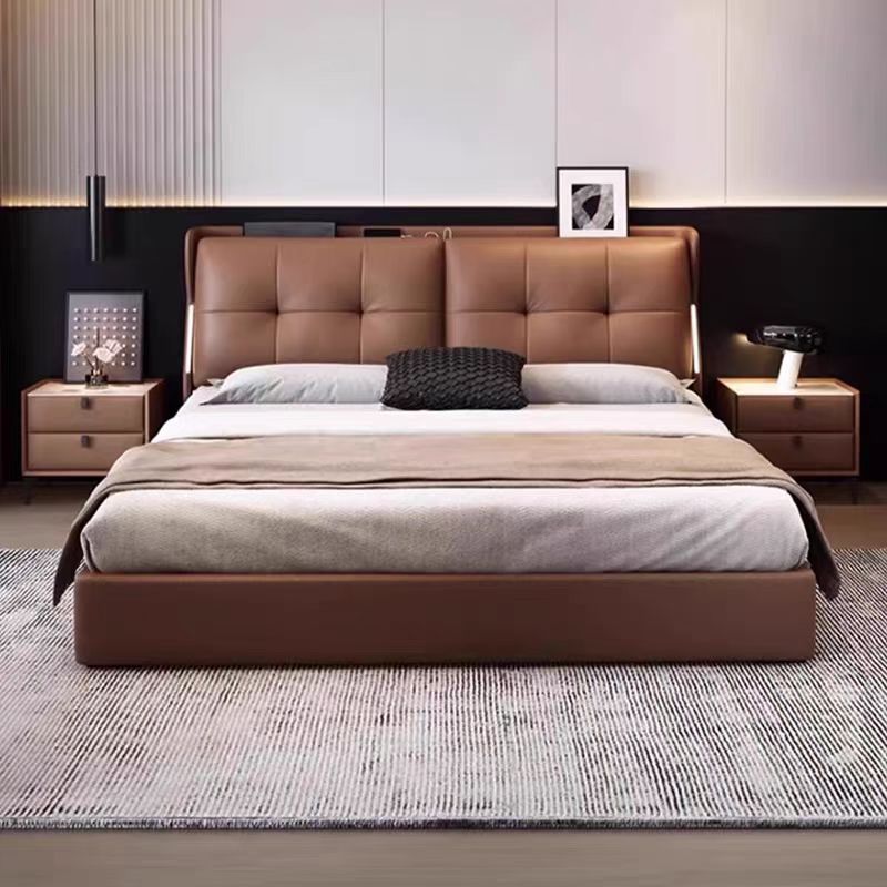 现代简约真皮床高箱抽屉大床储物奶油带灯多功能主卧双人床小户型婚床高清大图