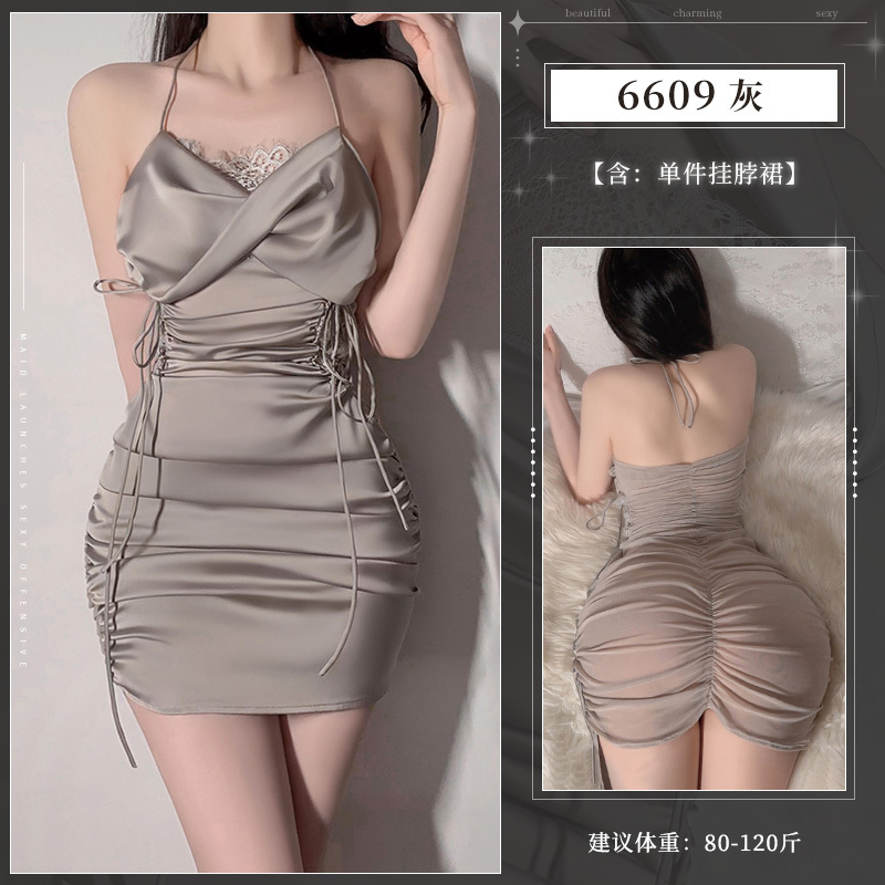 霏慕女式情趣睡衣性感网红小胸睡裙缎面蕾丝饰胸抽褶包臀裙午夜魅力情趣内衣制服套装6609 6609灰【单件挂脖裙】 均码