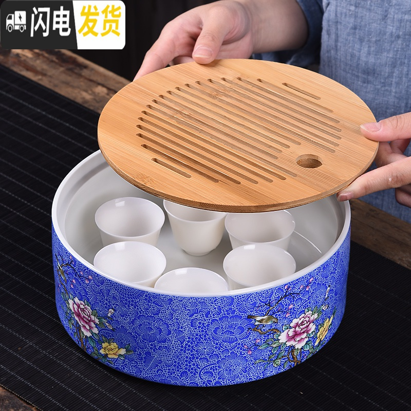 三维工匠家用简约功夫茶具扒花干泡大号茶盘套装储水日式竹制茶托盘 藏蓝悠品干泡盘