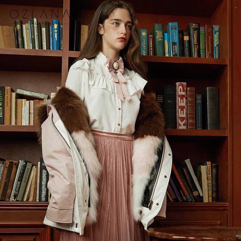澳洲OZLANA FOOTWEAR UGG 2018冬季女欧美皮草单宁连帽心跳牛仔情侣系列派克大衣外套 情侣装中长款