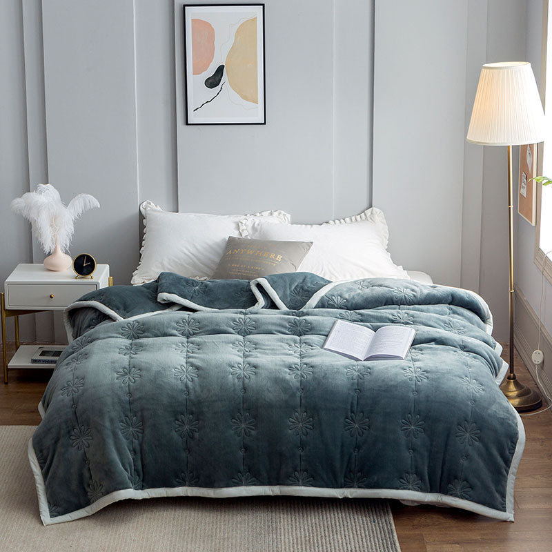 美帮汇法兰绒毛毯盖毯加厚冬季双层毯子法莱绒双人单人床单保暖珊瑚绒毯 灰色波斯菊被毯 200x230cm【7.8斤左右】