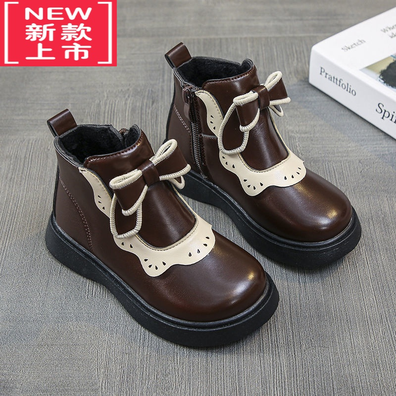 可莉允女童公主蝴蝶结马丁靴2022冬季儿童靴子皮靴女加绒短靴保暖雪地靴