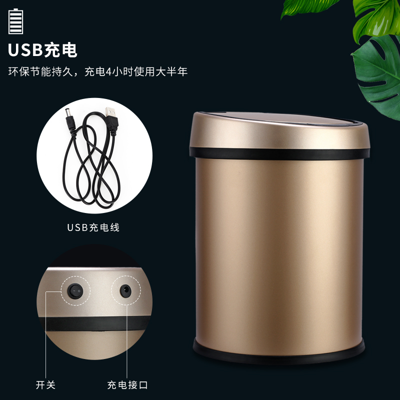 感应垃圾桶阿斯卡利(ASCARI)带盖家用充电款客厅卫生间智能垃圾桶感应式全自动小号 香槟金压圈款