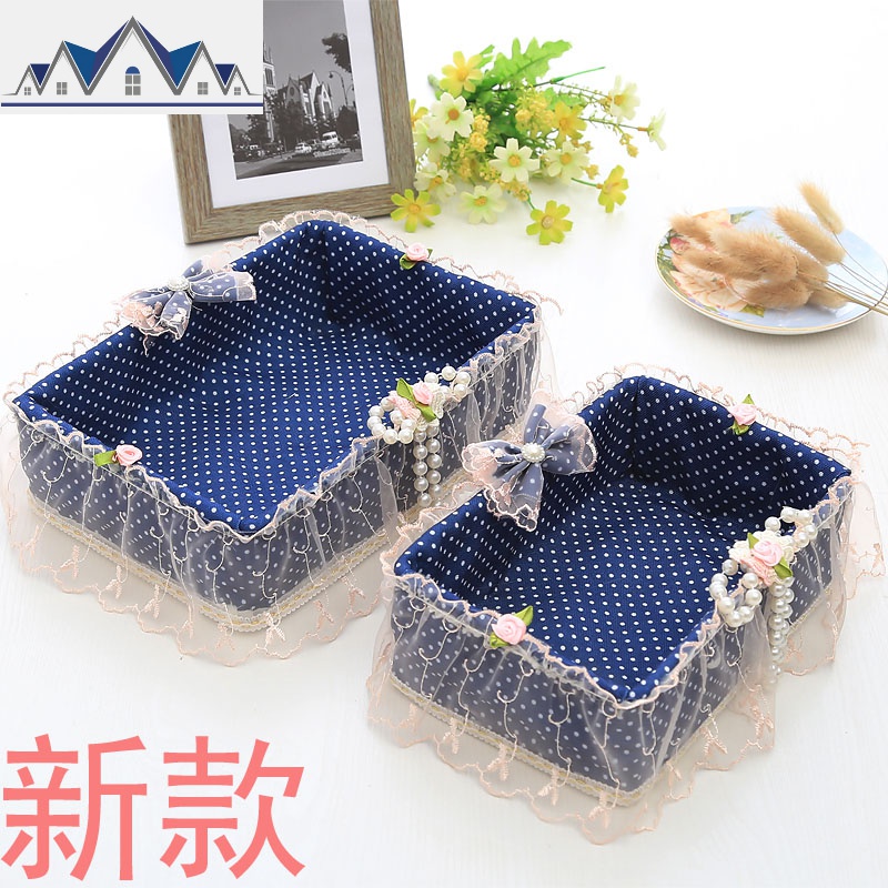 2019田园蕾丝化妆品桌面饰物收纳篮藤编收纳篮布艺摇控篮 三维工匠高清大图