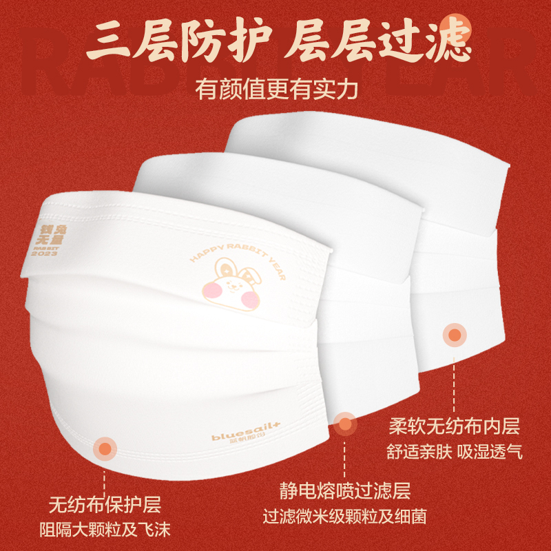 苏宁宜品蓝帆联名款兔年口罩一次性红白蓝三色印花卡通可爱小兔子独立包装30只/盒