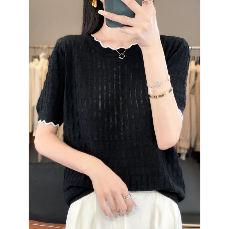 冰丝圆领短袖T恤女新款上衣短款针织半袖打底衫正肩内搭宽松