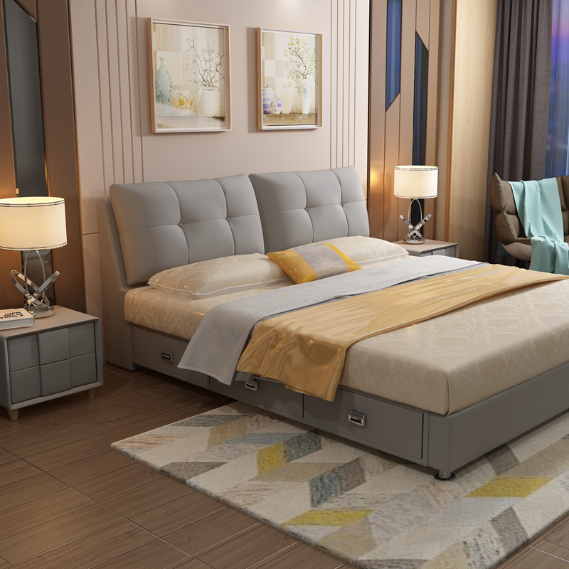 北欧真皮床主卧小户型轻奢现代简约18米双人储物婚床15软靠包床