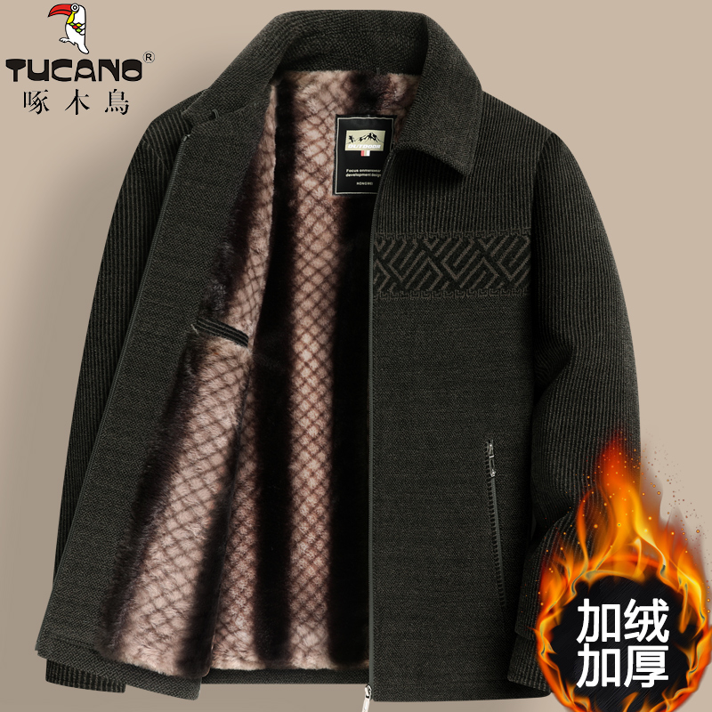 啄木鸟中老年人毛呢夹克男爸爸冬装外套加绒加厚冬季爷爷保暖棉衣高清大图