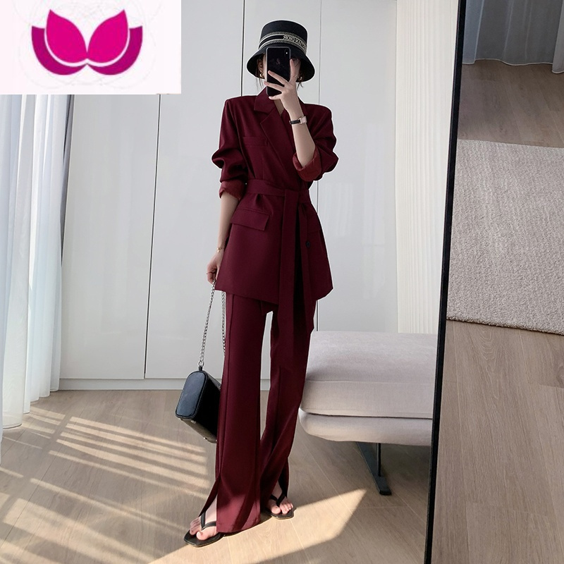 七斓休闲西装外套女2023春季新款系带收腰显瘦微喇开叉裤洋气套装