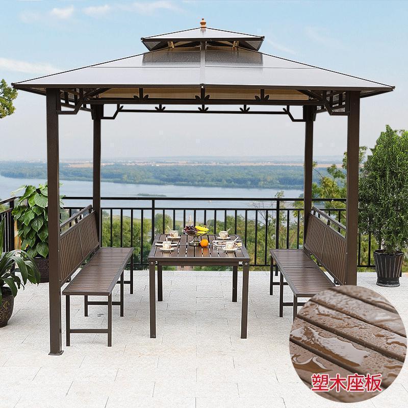 森美人六角凉亭农家乐别墅庭院室外花园移动组装楼顶亭子户外凉亭 四角亭含两面座板+桌子