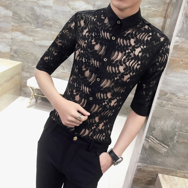 短袖衬衫男韩版18夏男修身型师七分袖工作服蕾丝镂空中袖衬衬衣