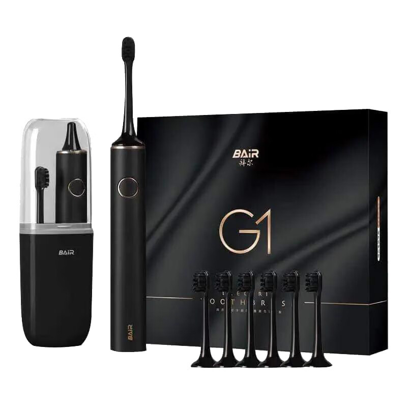 拜尔(BAiR) 电动牙刷G1墨黑色-豪华版-USB充电线1个+主机1个+刷头6个+便携盒 1个