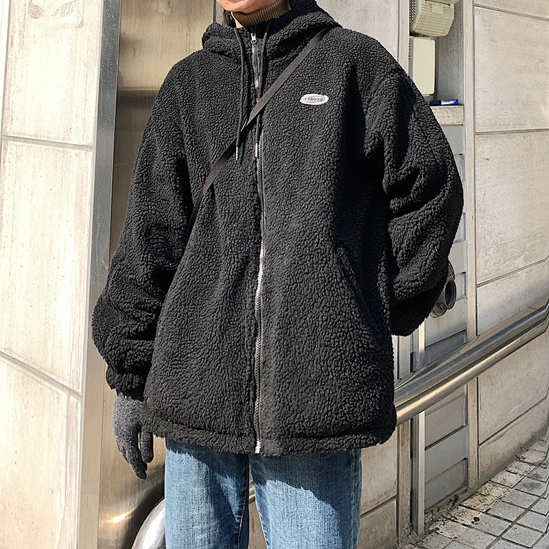 YUANSU两面穿贴标羊羔毛棉衣男士潮牌大码棉袄冬季港风棉服宽松休闲外套棉衣