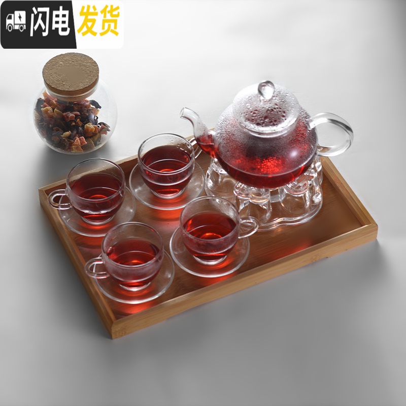 三维工匠花茶壶套装玻璃耐热家用过滤杯透明茶具蜡烛加热可高温泡水果红茶 内胆壶+圆座+4弧形杯碟+竹盘高清大图