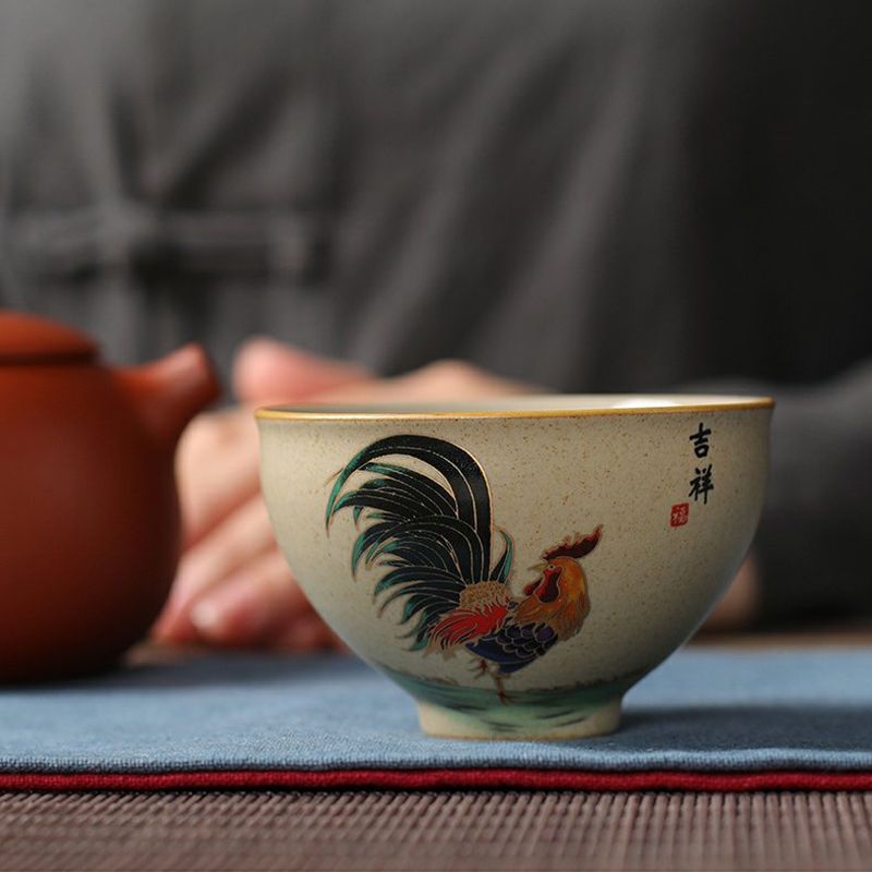 粗陶仿古鸡缸杯品茗杯斗彩鸡公杯喝茶主人杯个人单杯茶杯茶碗茶盏 金鸡报喜-吉祥杯100ml 送茶巾