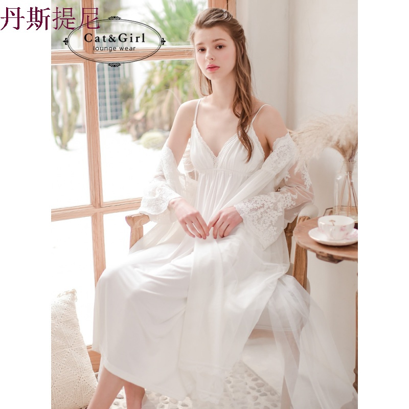 睡衣女春秋睡袍两件套性感带睡裙夏长袖网纱薄款宫廷公主风浴袍