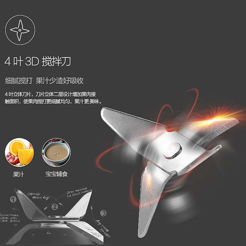 美的(Midea)搅拌机榨汁机WBL2501B大容量0.6升4刀片立体环绕304不锈钢材质榨汁料理机