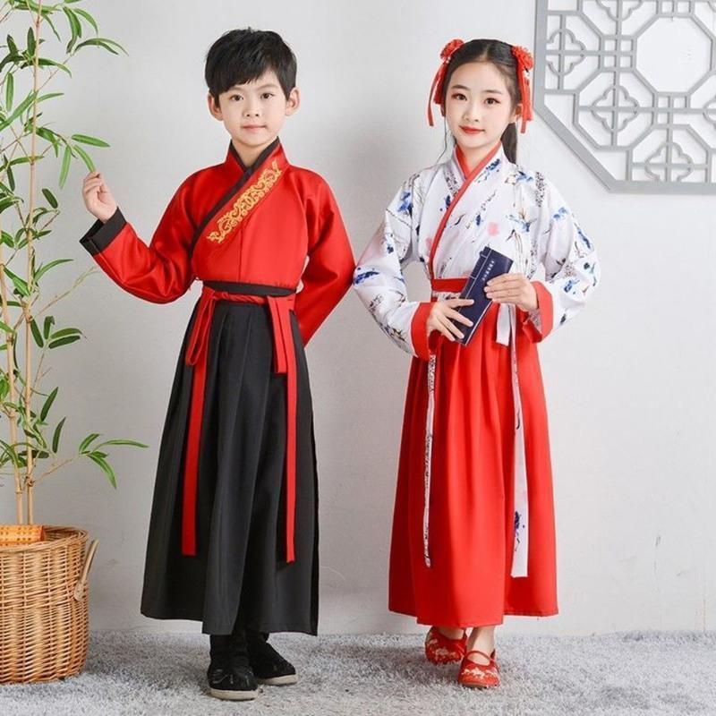儿童古装公子汉服男童国学表演服小孩书童演出服女中国风学生套装红鹤