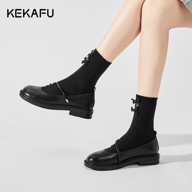 珂卡芙法式玛丽珍鞋女2023新款浅口女鞋英伦风平底单鞋复古小皮鞋