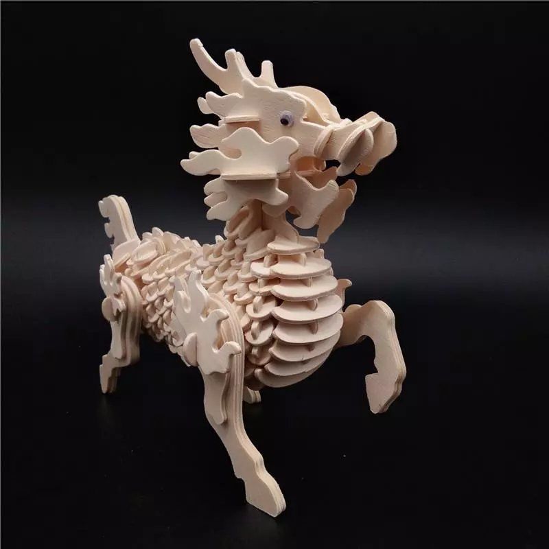 龙木质手工立体拼图3d模型成人仿真大动物制作拼装积木制玩具 麒麟