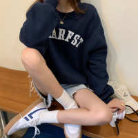 秋季新款刺绣字母薄款卫衣女宽松圆领时尚学生长袖上衣外套女 XXL 藏青