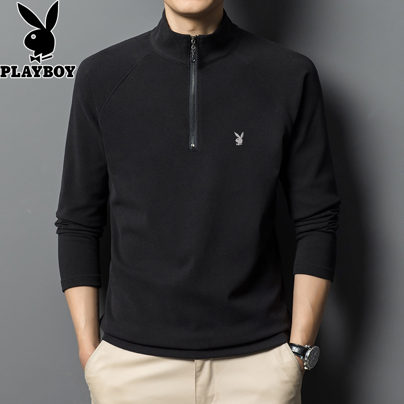 花花公子秋冬德绒长袖T恤男半高立领加绒加厚卫衣内搭上衣打底衫 190/3XL 黑色