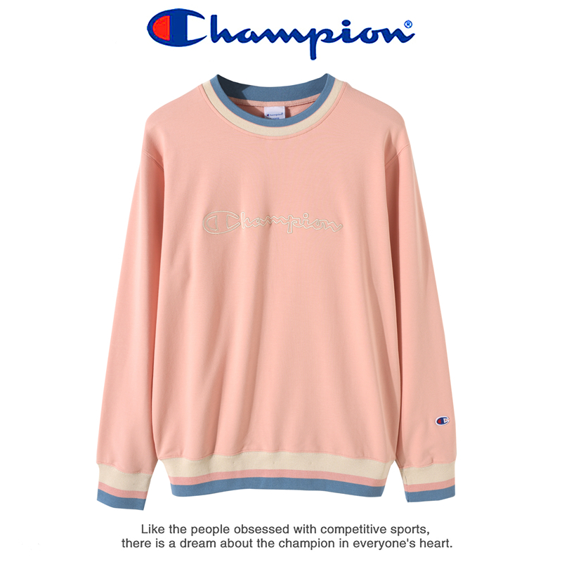champion冠军卫衣男女士纯棉刺绣横标logo休闲宽松情侣卫衣s粉色