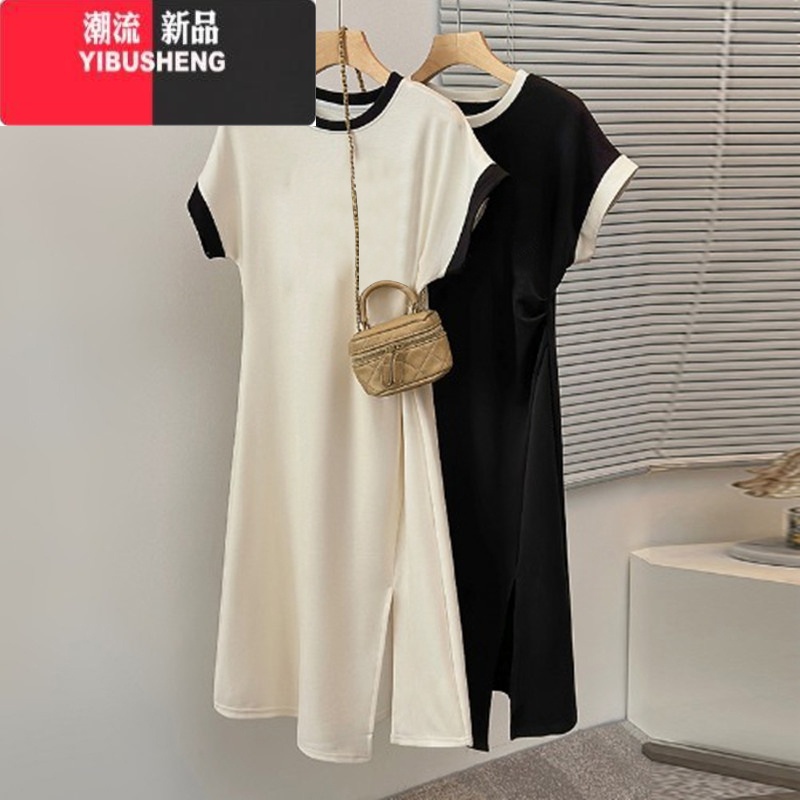 YIBUSHENG大码女装t恤连衣裙小个子季衣服微胖mm收腰显瘦开叉长款裙高清大图