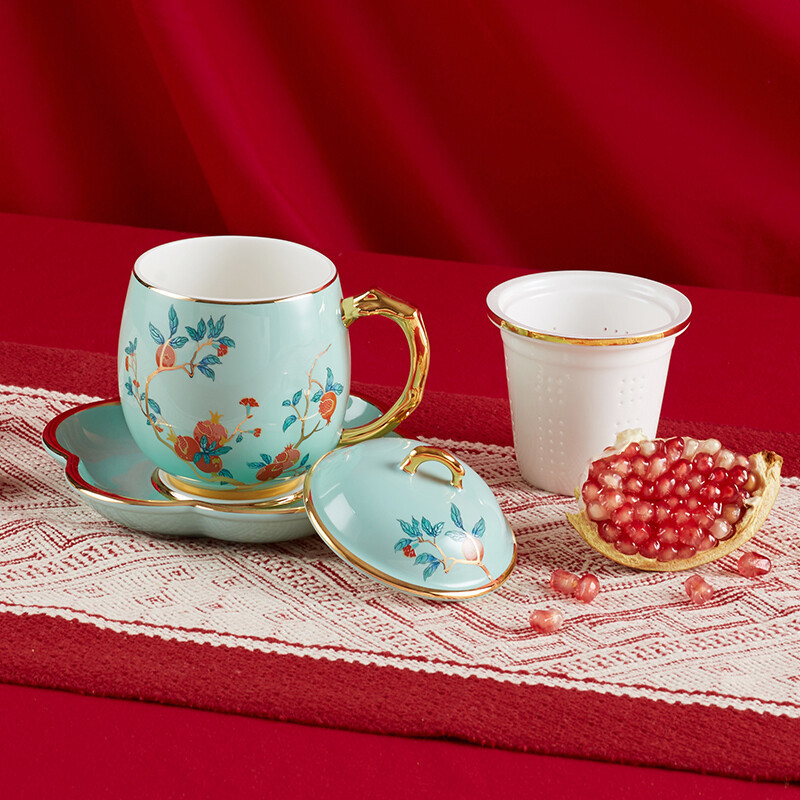 Gao Chun Ceramics 高淳陶瓷杯办公室泡茶陶瓷过滤带盖杯子珐琅描金骨瓷滤茶杯350ml