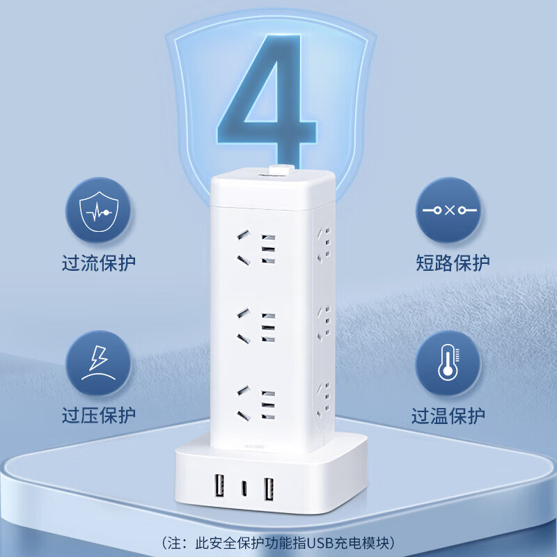 德力西电气CD102H-D系列延长线插座(带电源适配器)立式排插 八位五孔 1.6米 CD98H-DK8X 1.7高清大图