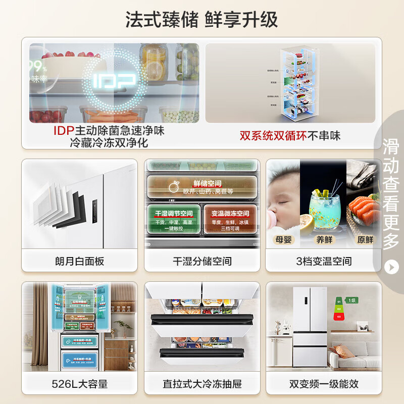 容声(Ronshen)526升双净双系统电冰箱法式对开多门四开门风冷无霜一级能效节能变频大容量BCD-526WD1MPA高清大图