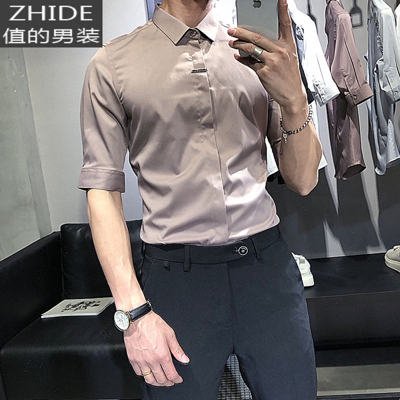 SUNTEK男士短袖衬衫休闲韩版潮流帅气高级感修身痞帅冰丝7七分中袖衬衣衬衫高清大图