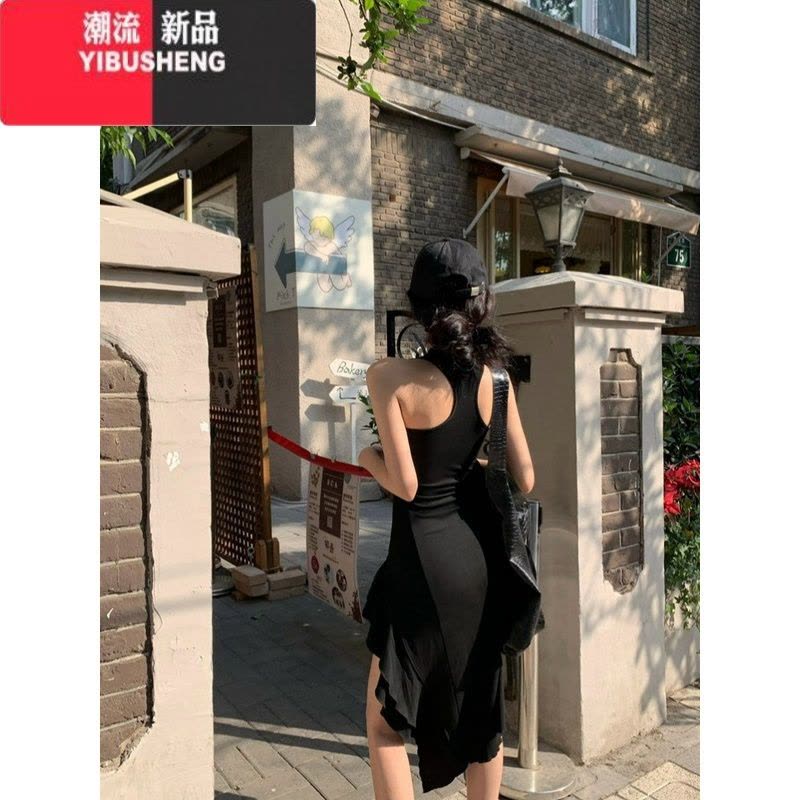 YIBUSHENG灰色荷叶边修身背心连衣裙女季气质无袖中长款开叉收腰包臀裙子图片