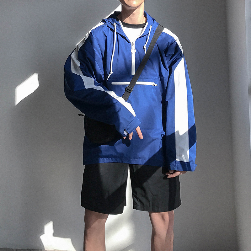 2018春季新品男宽松大码条纹长袖口袋拼接拉链连帽套头夹克短外套