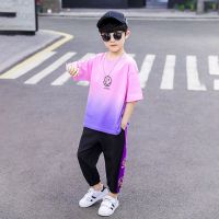 儿童装男童夏装套装新款夏季男孩中大童薄款夏款运动酷帅气潮 150 吊染套装粉色