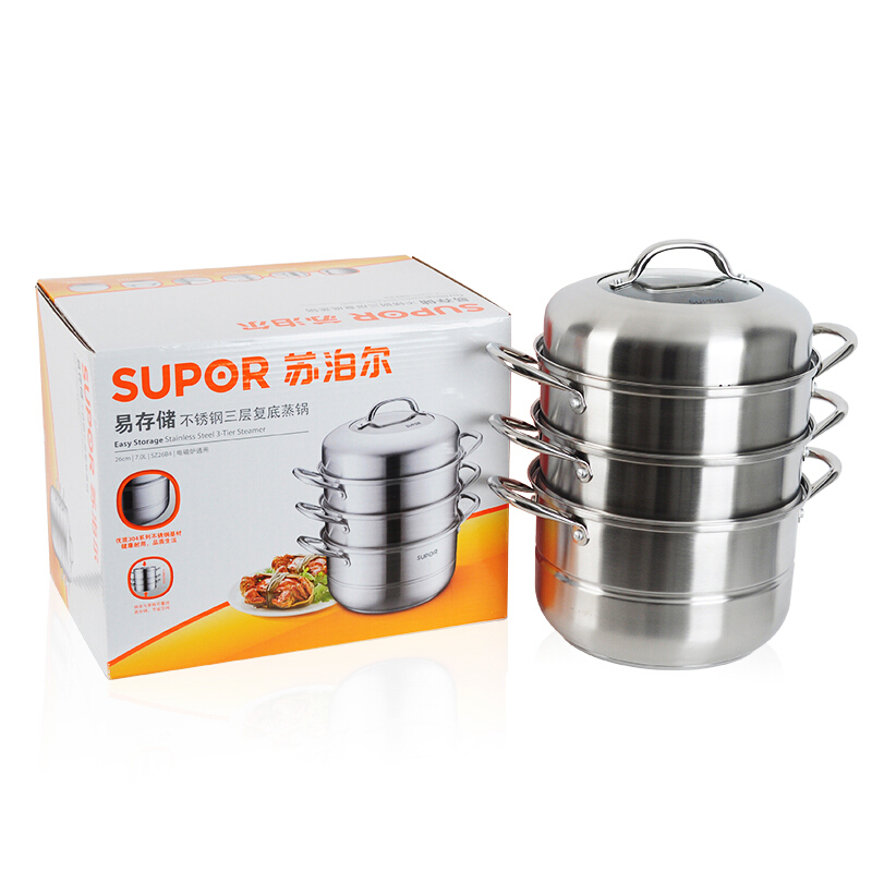 苏泊尔(SUPOR)蒸锅家用304不锈钢三层加厚26cm双层复合底煤气灶电磁炉通用