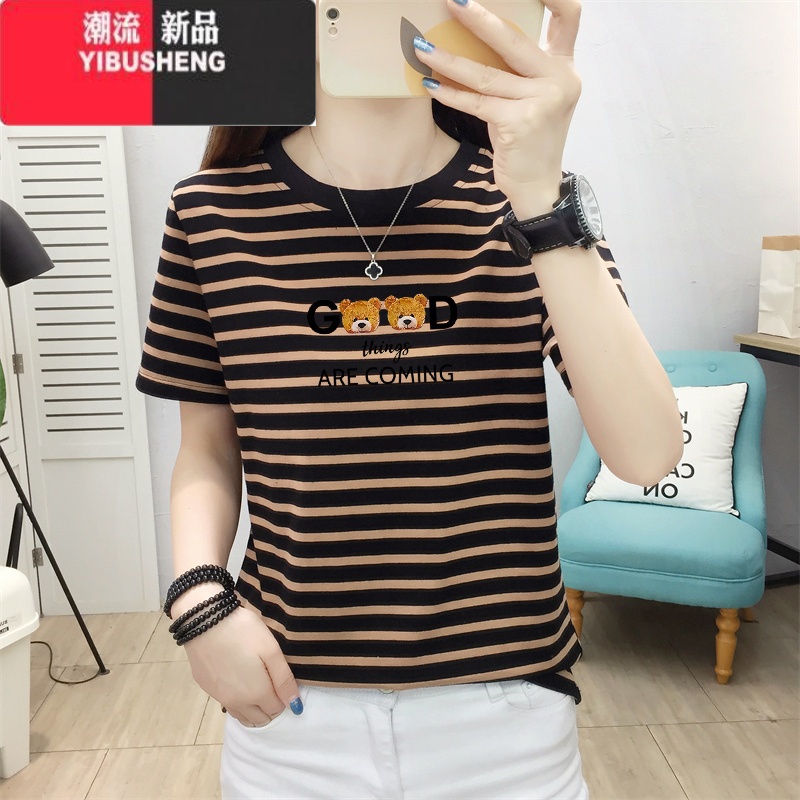 YIBUSHENG条纹短袖t恤女季2024新款宽松大码减龄漂亮洋气正码漂N款高清大图